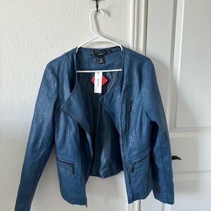 Women’s leather jacket in blue.